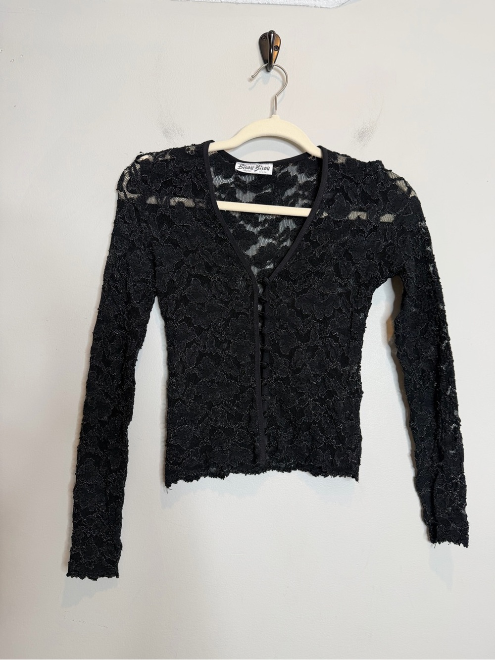 VTG Bisou Bisou USA Black Floral Sheer Lace Whimsigoth Top Long Sleeve Y2K XS
